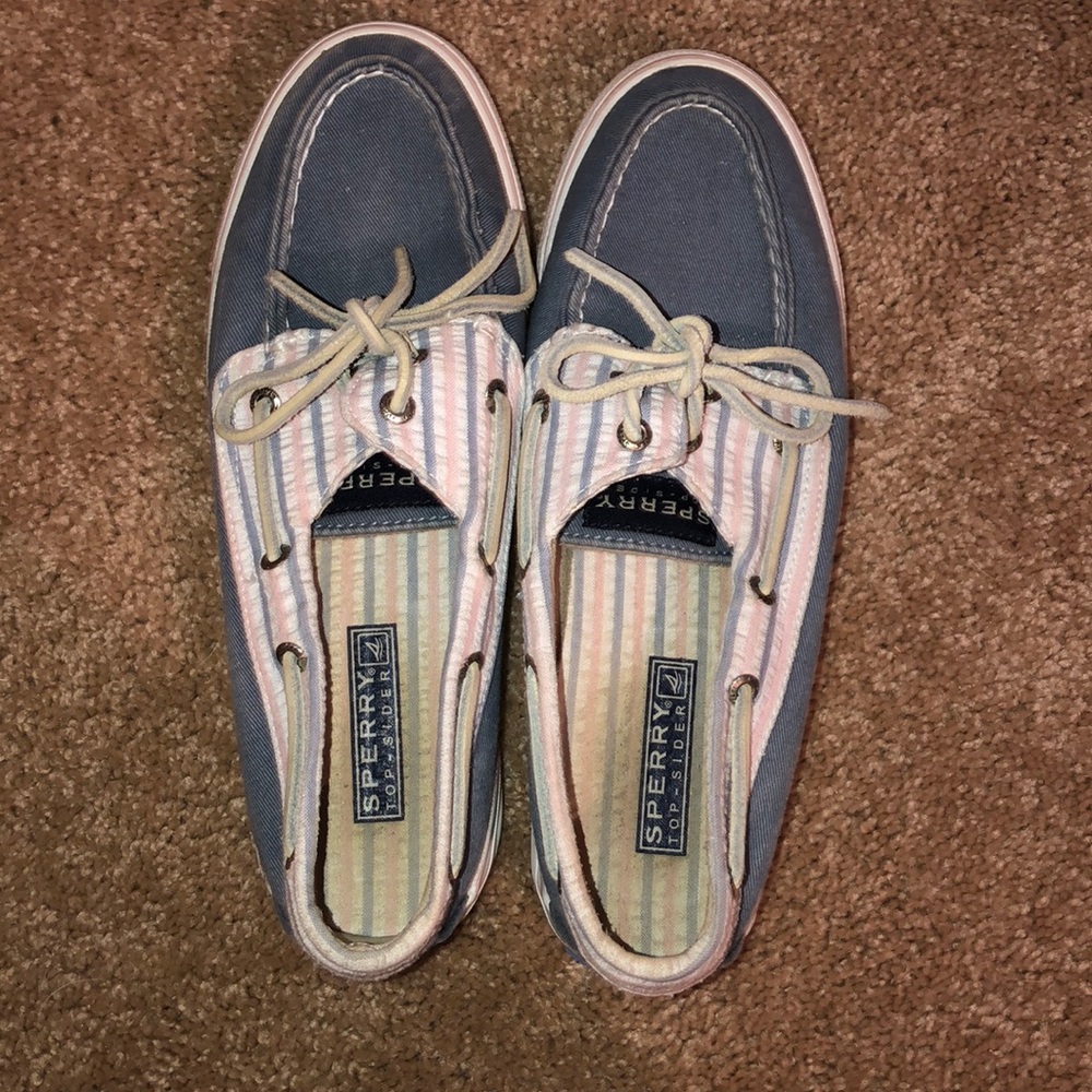 Blue, pink and white Sperrys
